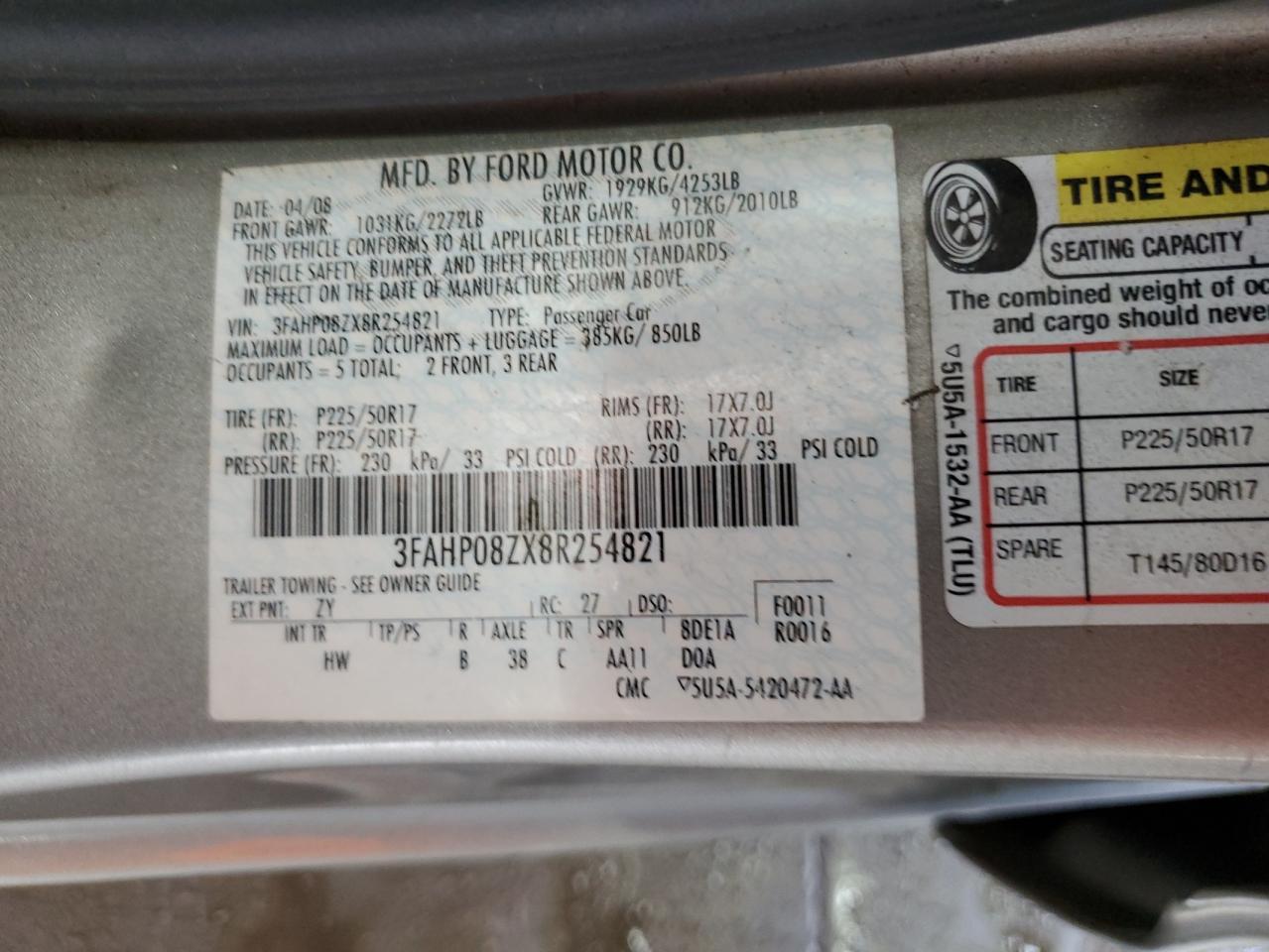 2008 Ford Fusion Sel VIN: 3FAHP08ZX8R254821 Lot: 64032284