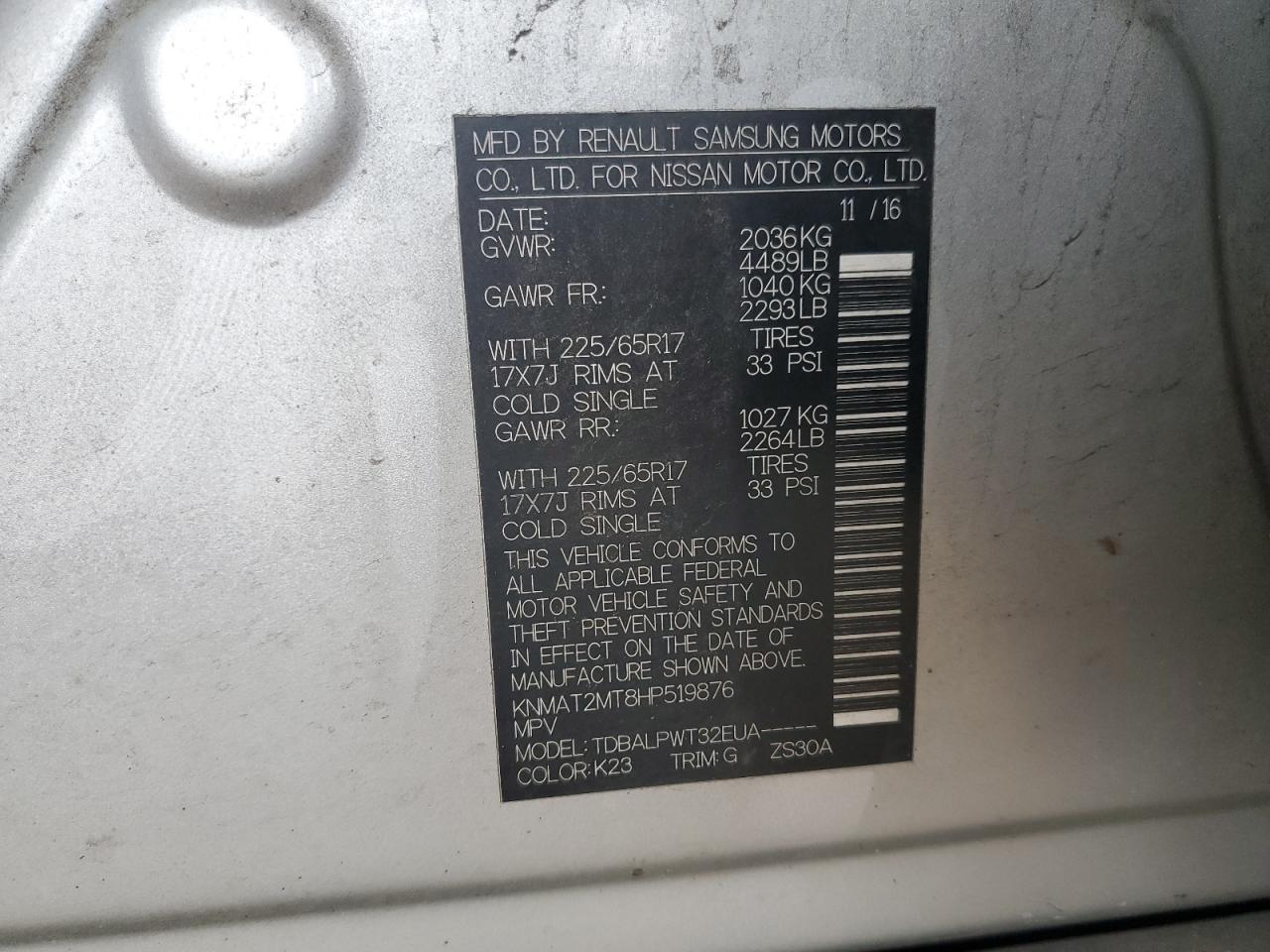 2017 Nissan Rogue S VIN: KNMAT2MT8HP519876 Lot: 64382654