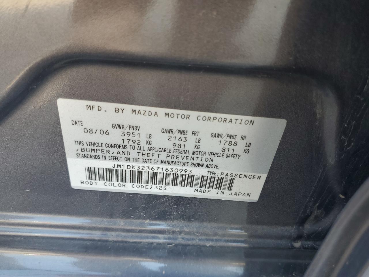 2007 Mazda 3 S VIN: JM1BK323671630993 Lot: 62499114