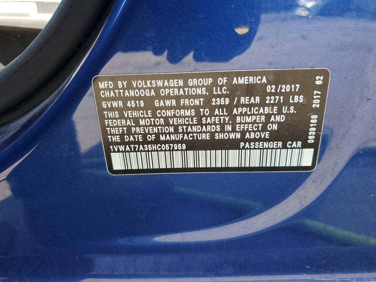2017 Volkswagen Passat S VIN: 1VWAT7A35HC057959 Lot: 62513834