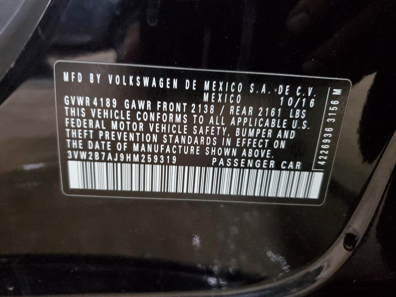 2017 Volkswagen Jetta S VIN: 3VW2B7AJ9HM259319 Lot: 61617924