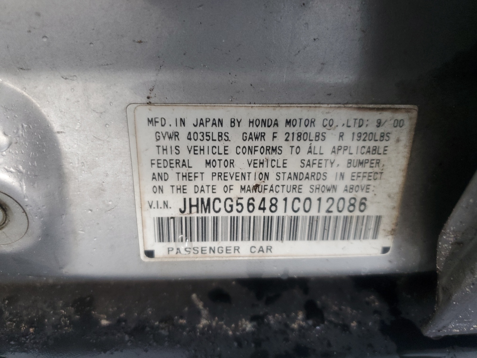 JHMCG56481C012086 2001 Honda Accord Lx