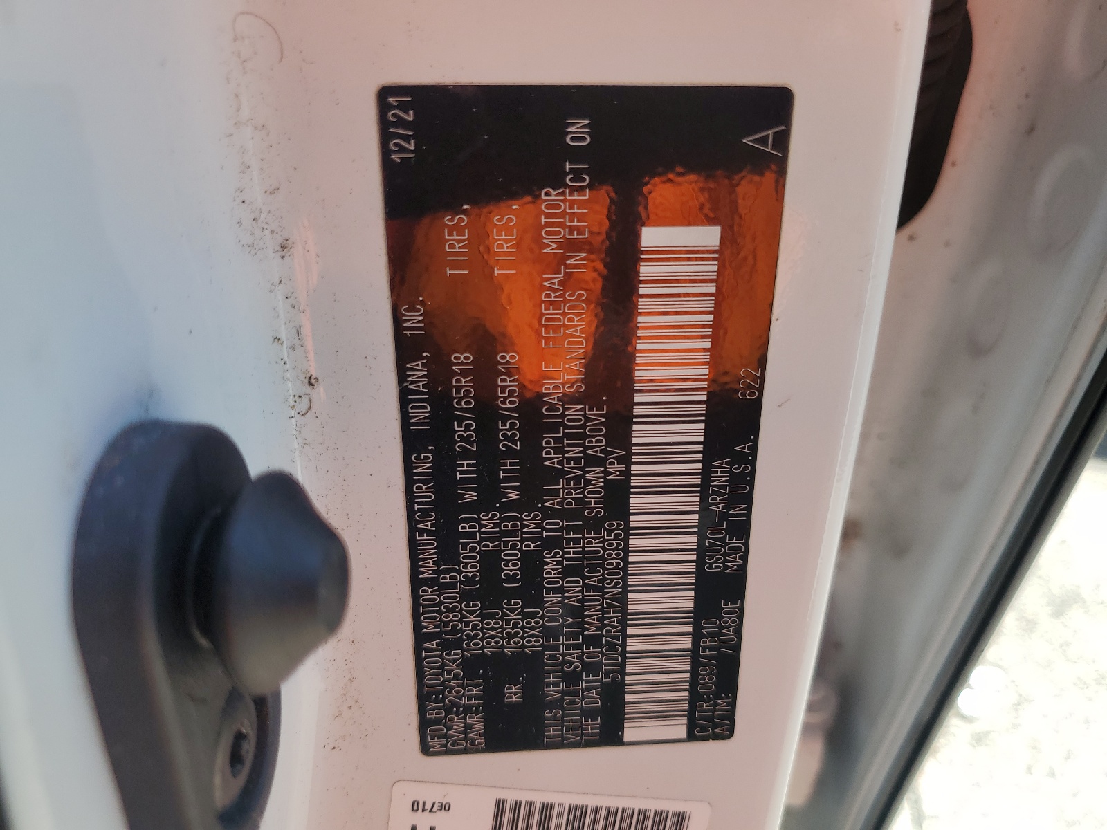 5TDCZRAH7NS098959 2022 Toyota Highlander L