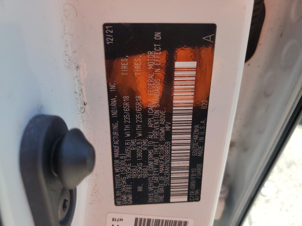 2022 Toyota Highlander L VIN: 5TDCZRAH7NS098959 Lot: 64346864