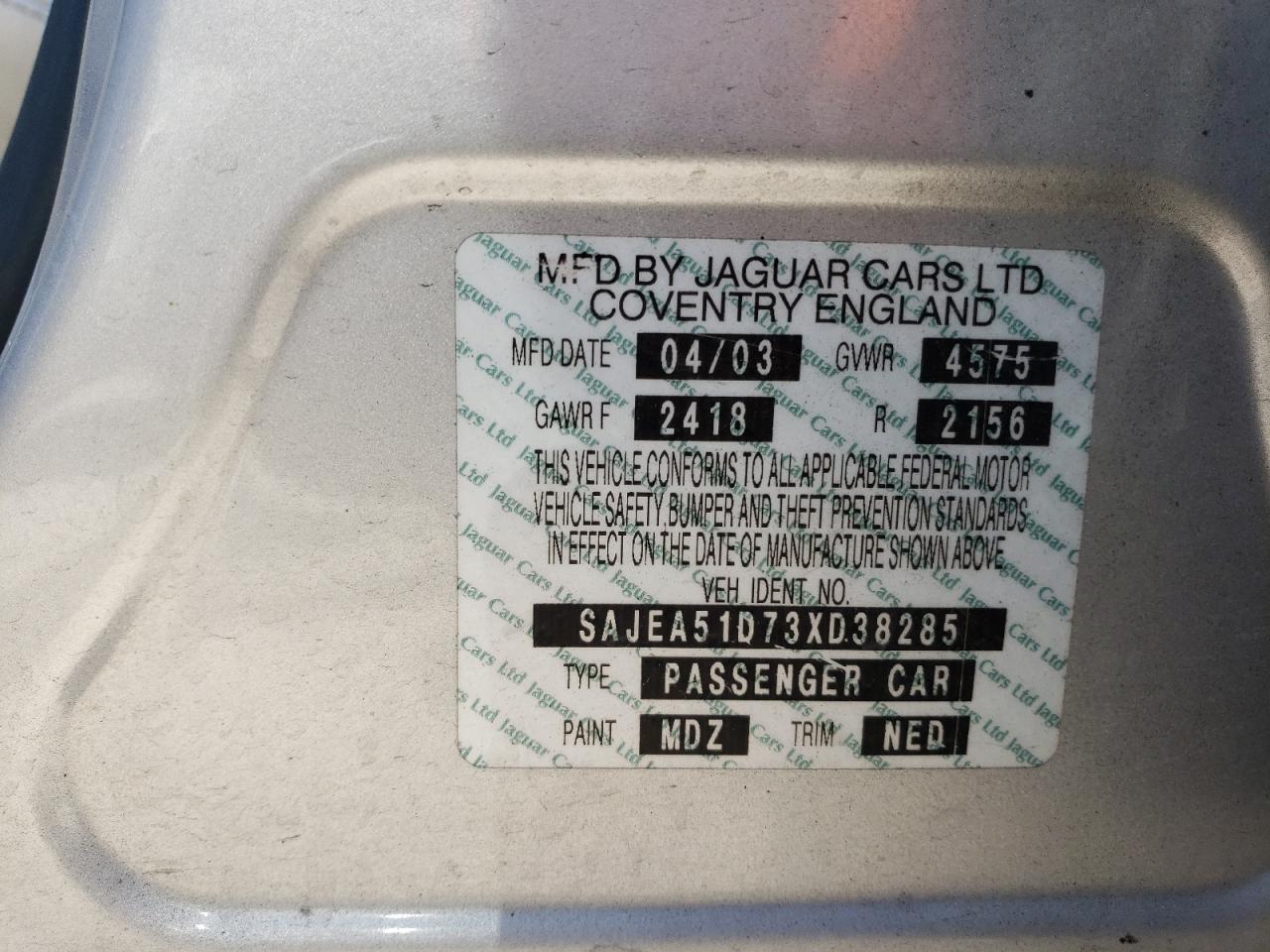 2003 Jaguar X-Type 2.5 VIN: SAJEA51D73XD38285 Lot: 63820294