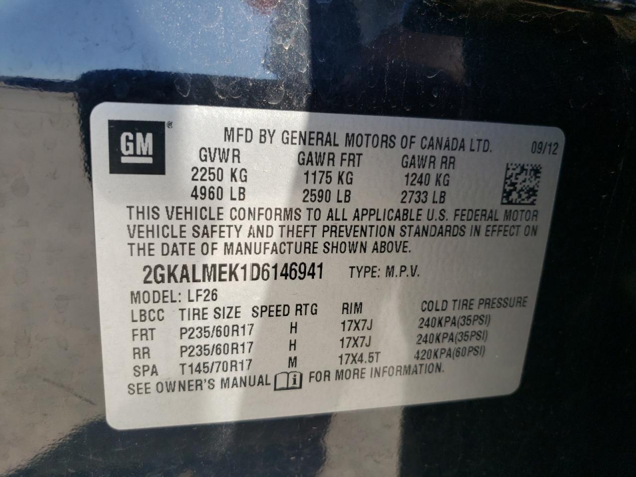 2013 GMC Terrain Sle VIN: 2GKALMEK1D6146941 Lot: 61080494