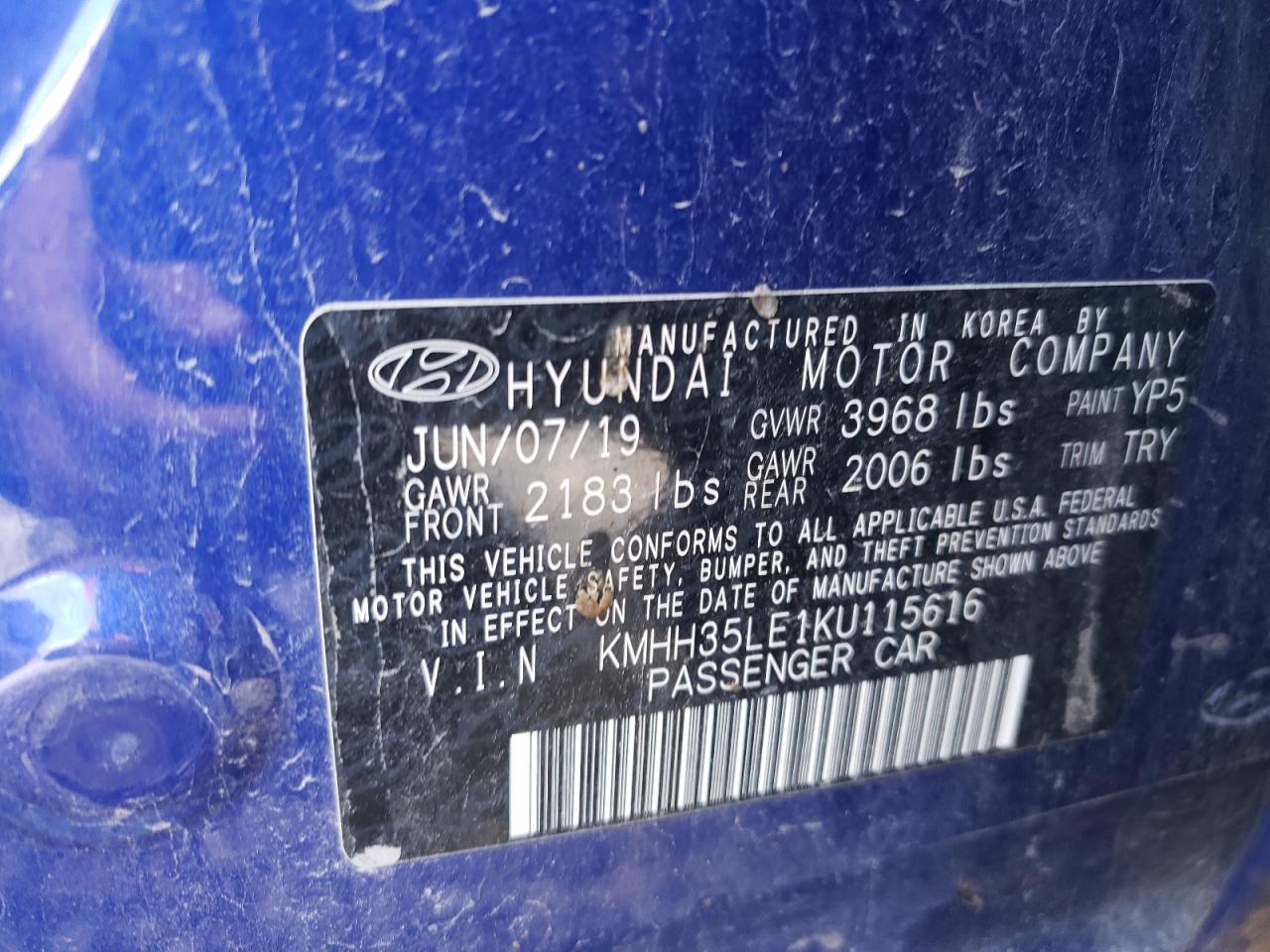 2019 Hyundai Elantra Gt VIN: KMHH35LE1KU115616 Lot: 63715464