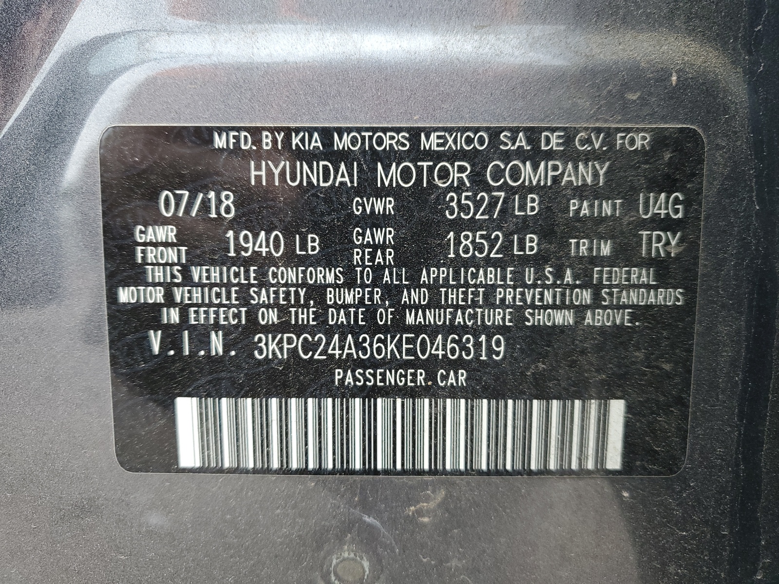 3KPC24A36KE046319 2019 Hyundai Accent Se