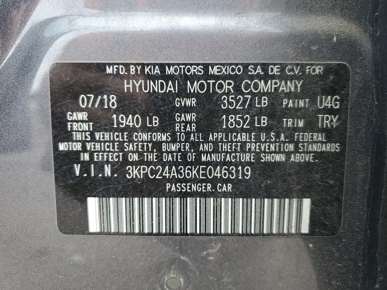 2019 Hyundai Accent Se VIN: 3KPC24A36KE046319 Lot: 64345594