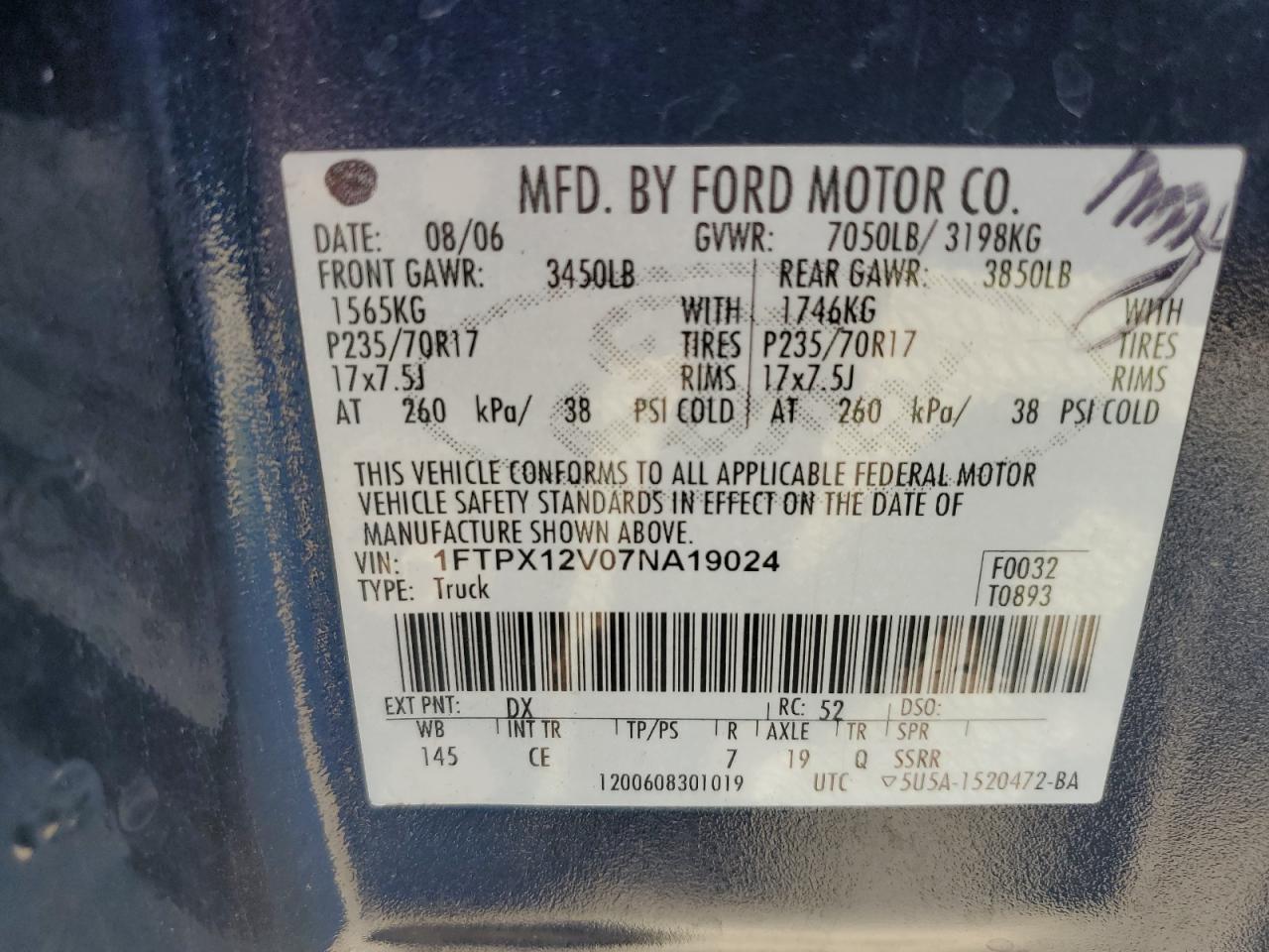 2007 Ford F150 VIN: 1FTPX12V07NA19024 Lot: 63798934