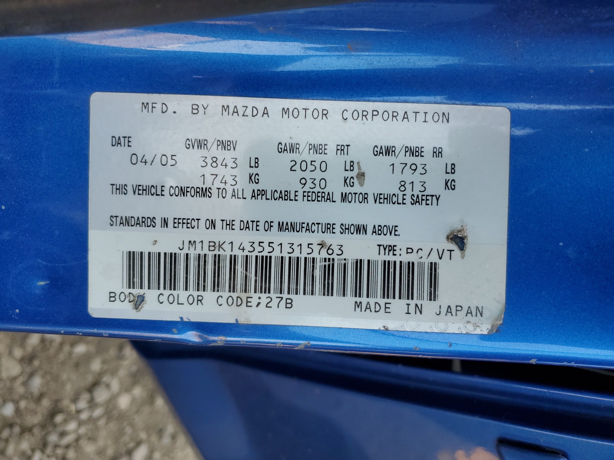 JM1BK143551315763 2005 Mazda 3 Hatchback