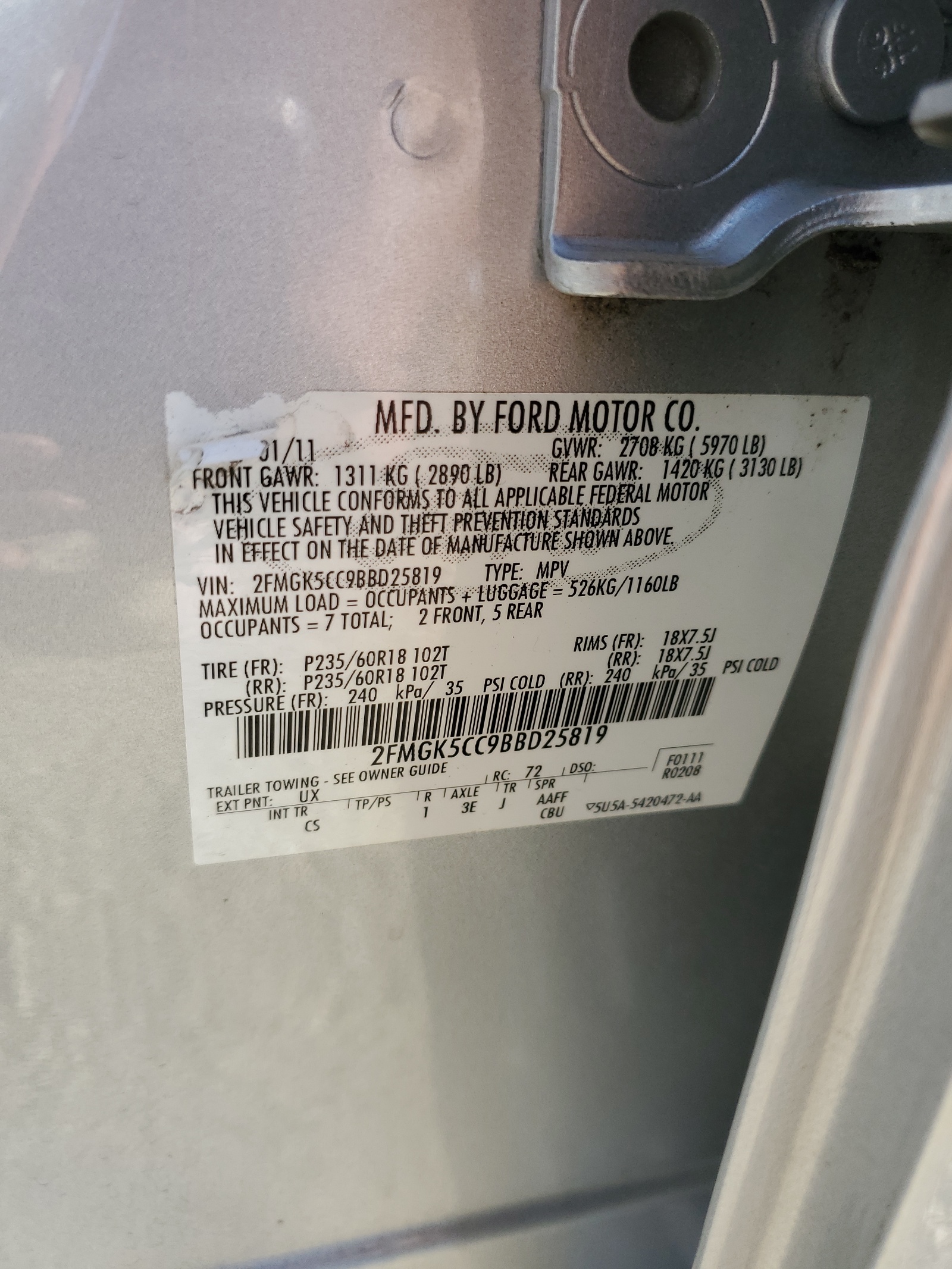 2FMGK5CC9BBD25819 2011 Ford Flex Sel