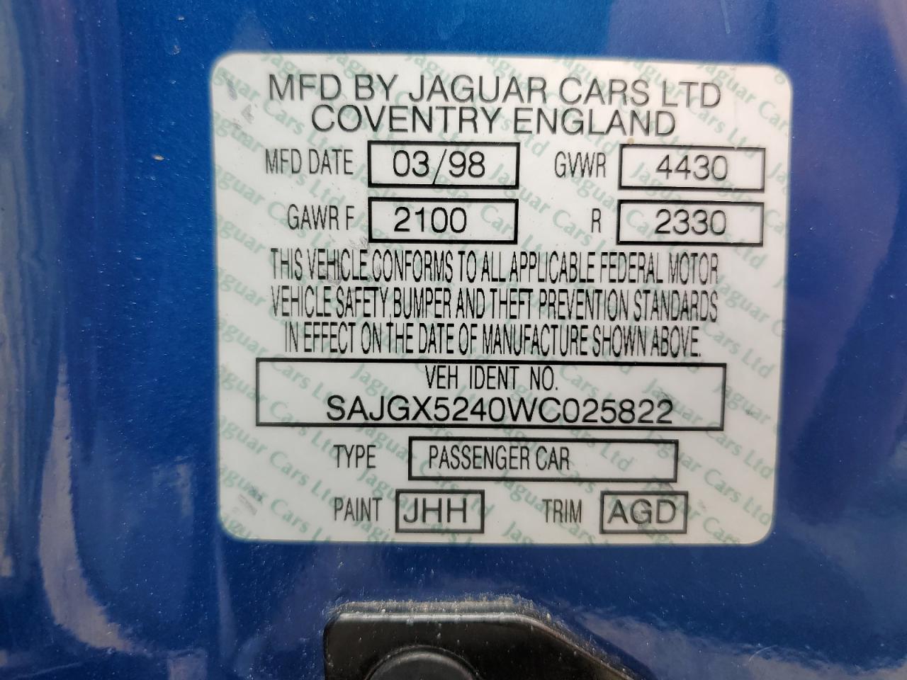 1998 Jaguar Xk8 VIN: SAJGX5240WC025822 Lot: 61622124