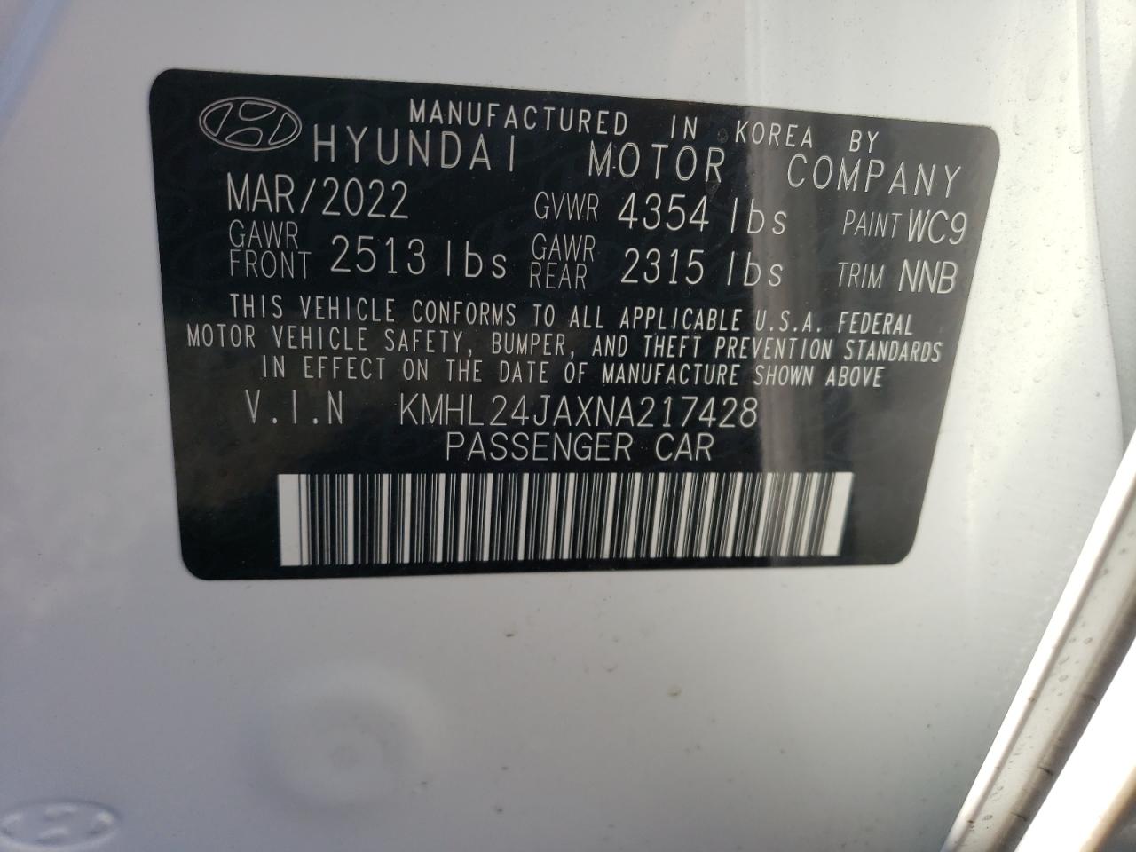 2022 Hyundai Sonata Se VIN: KMHL24JAXNA217428 Lot: 63717894