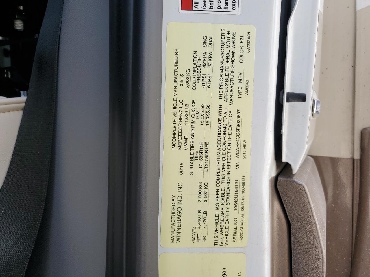 2016 Mercedes-Benz Sprinter 3500 VIN: WDAPF4CC5F9625897 Lot: 61278144