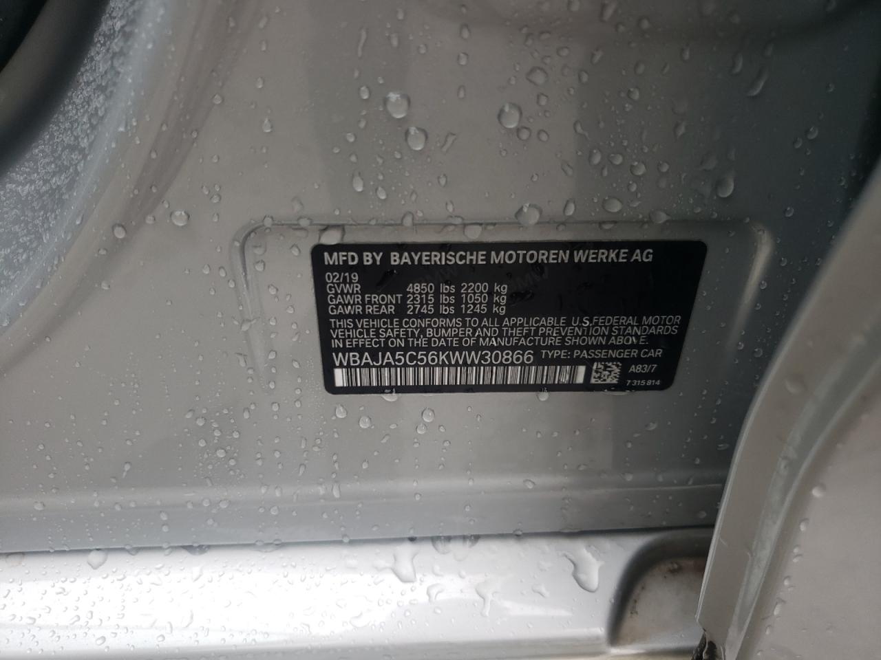 2019 BMW 530 I VIN: WBAJA5C56KWW30866 Lot: 64887794