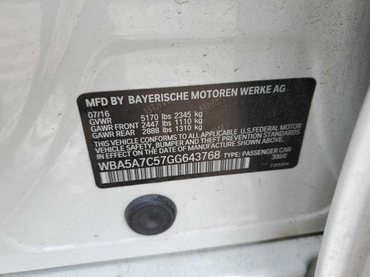 WBA5A7C57GG643768 2016 BMW 528 Xi