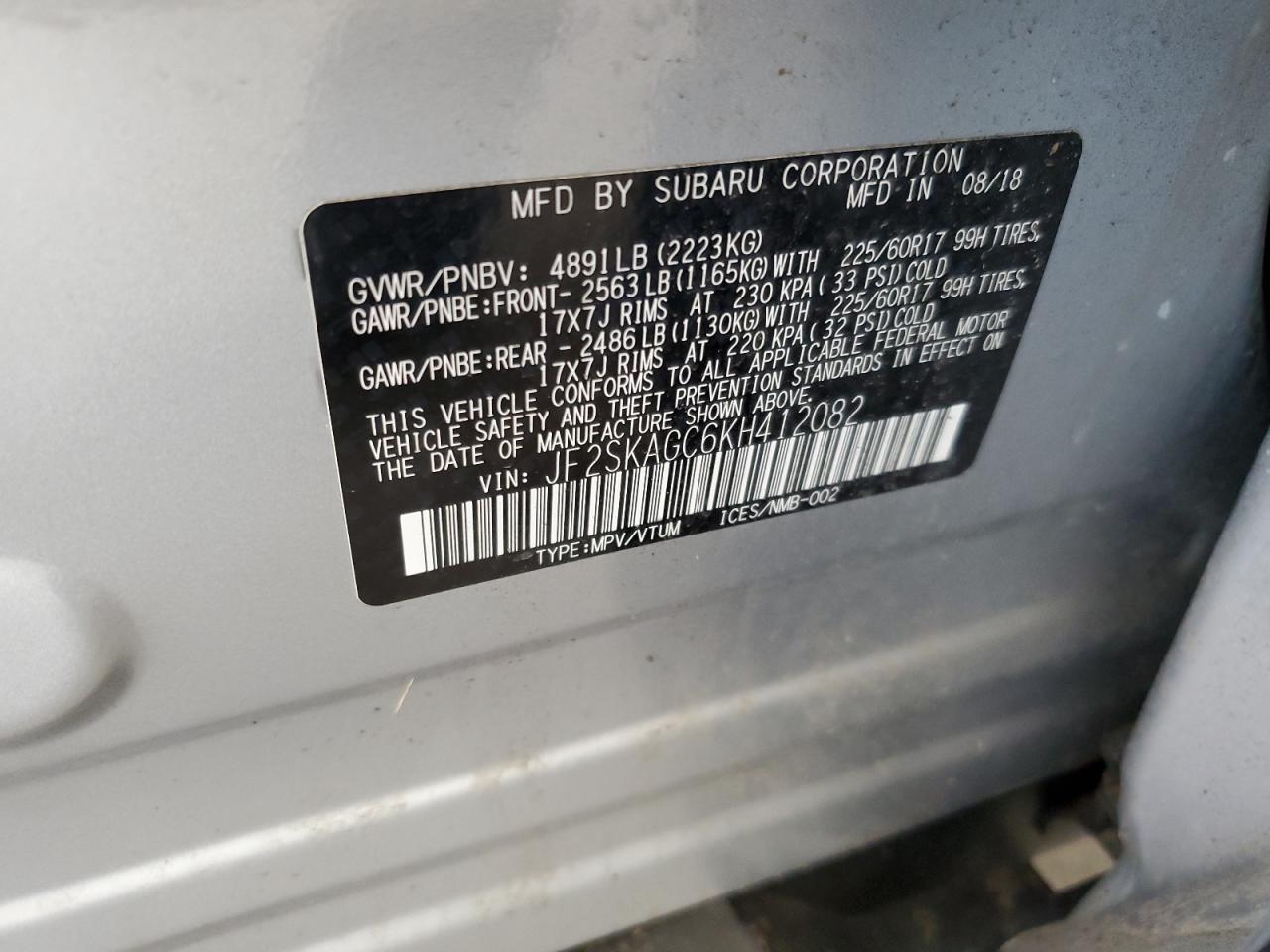 2019 Subaru Forester Premium VIN: JF2SKAGC6KH412082 Lot: 65113744