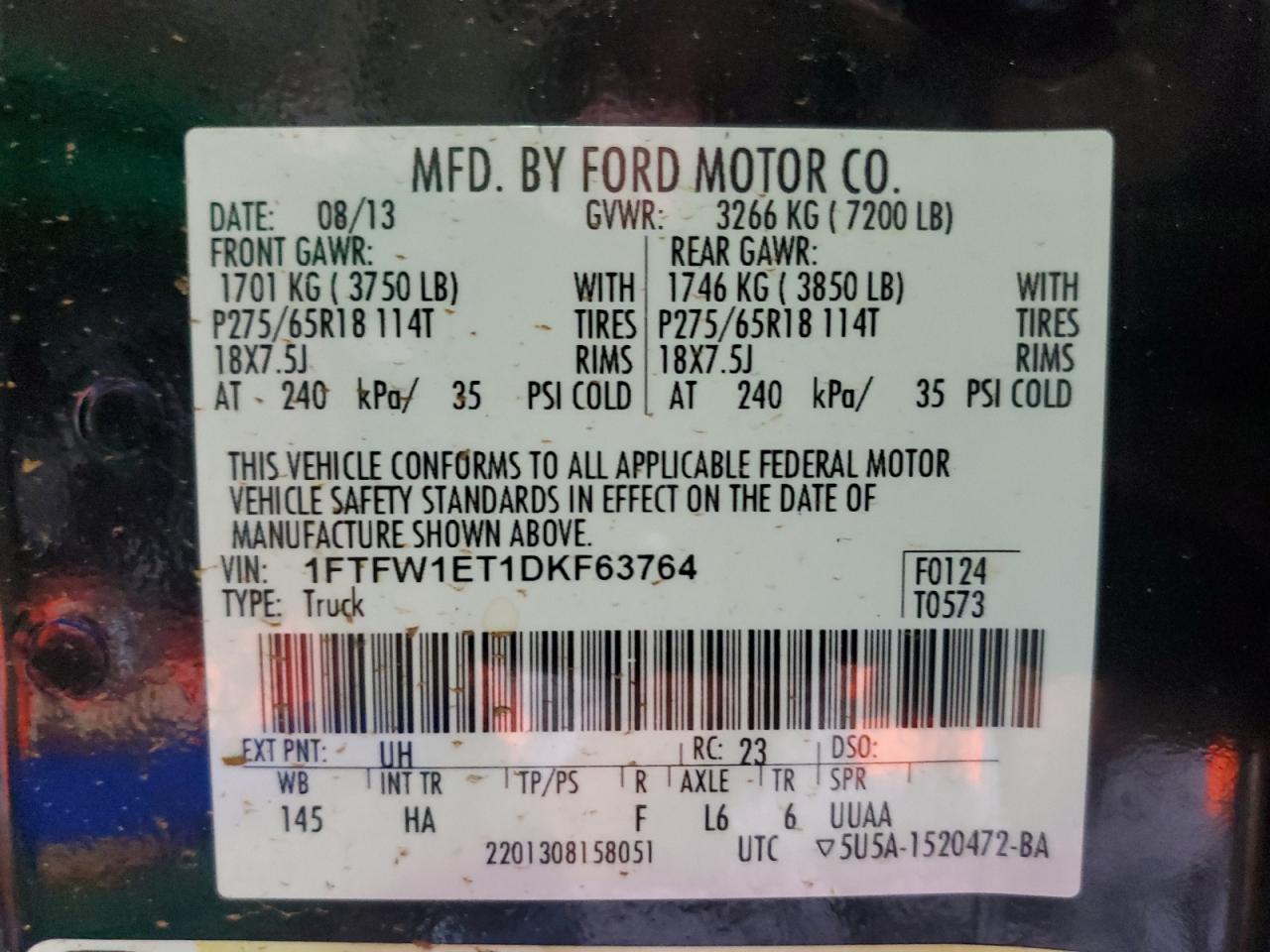 2013 Ford F150 Supercrew VIN: 1FTFW1ET1DKF63764 Lot: 63765374