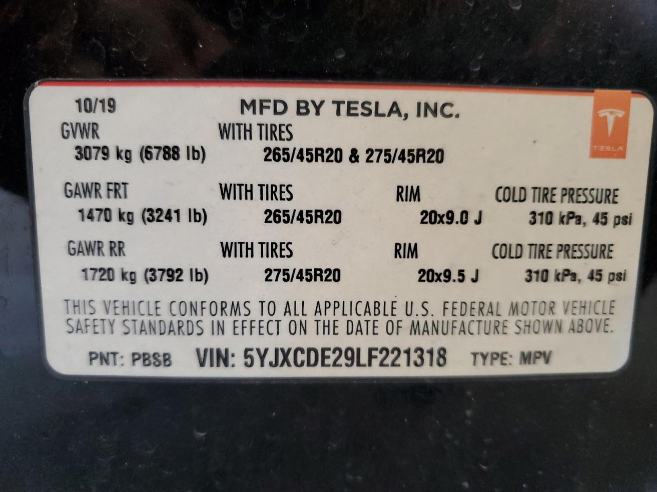 2020 Tesla Model X VIN: 5YJXCDE29LF221318 Lot: 63434444