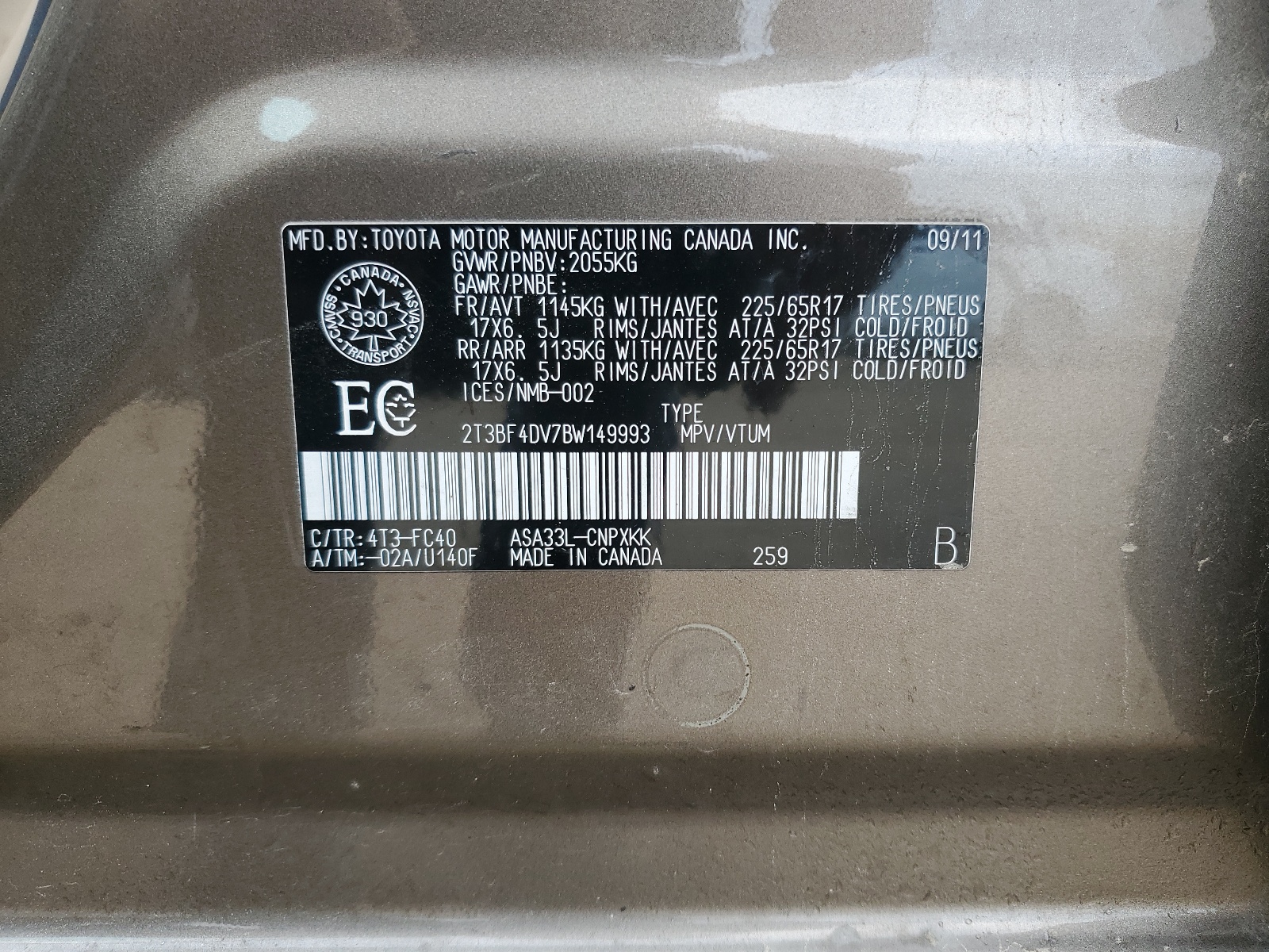 2T3BF4DV7BW149993 2011 Toyota Rav4