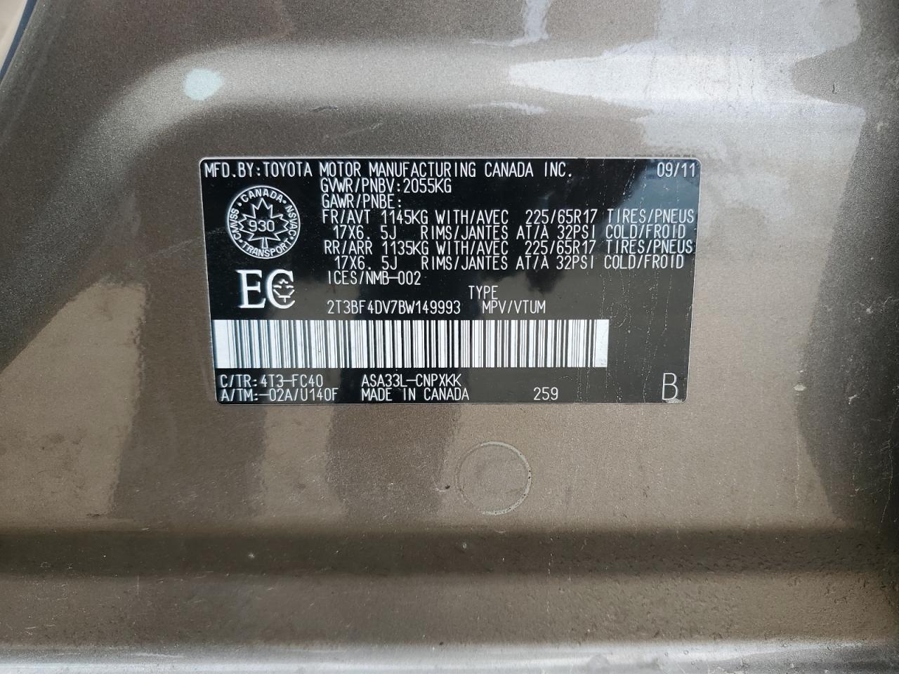 2011 Toyota Rav4 VIN: 2T3BF4DV7BW149993 Lot: 62241664