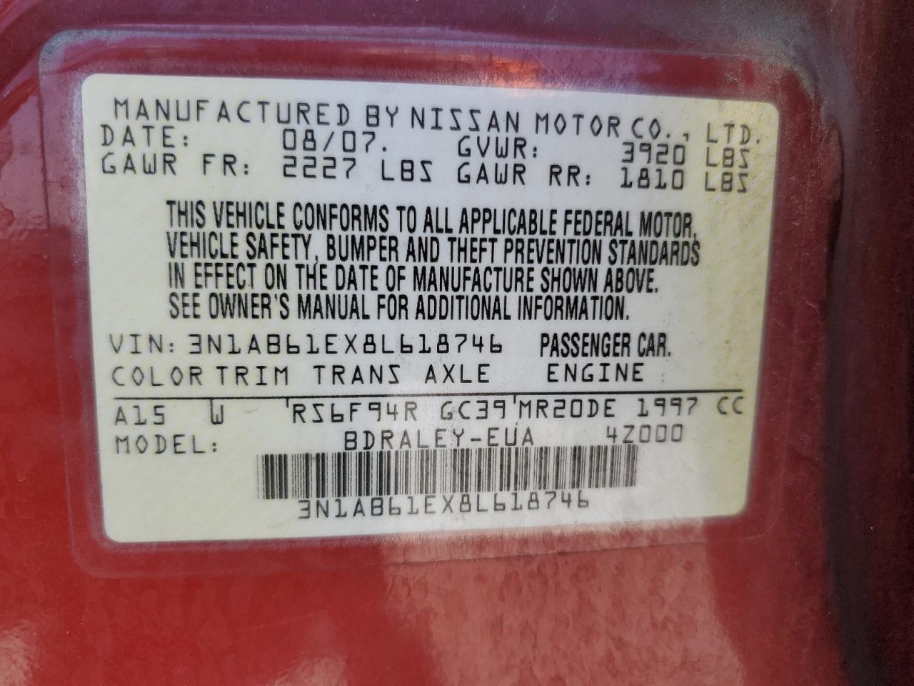 2008 Nissan Sentra 2.0 VIN: 3N1AB61EX8L618746 Lot: 64979674