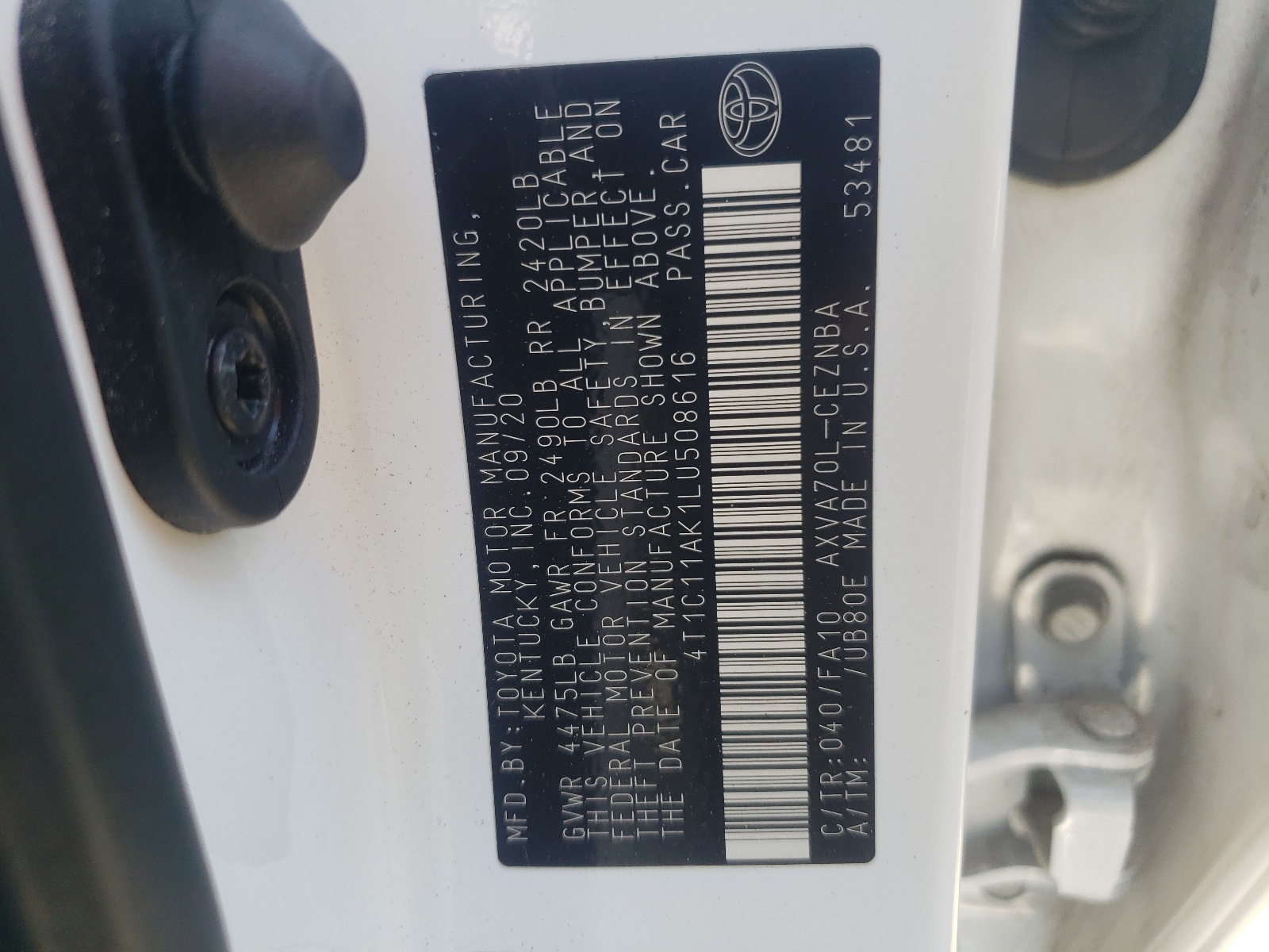 4T1C11AK1LU508616 2020 Toyota Camry Le