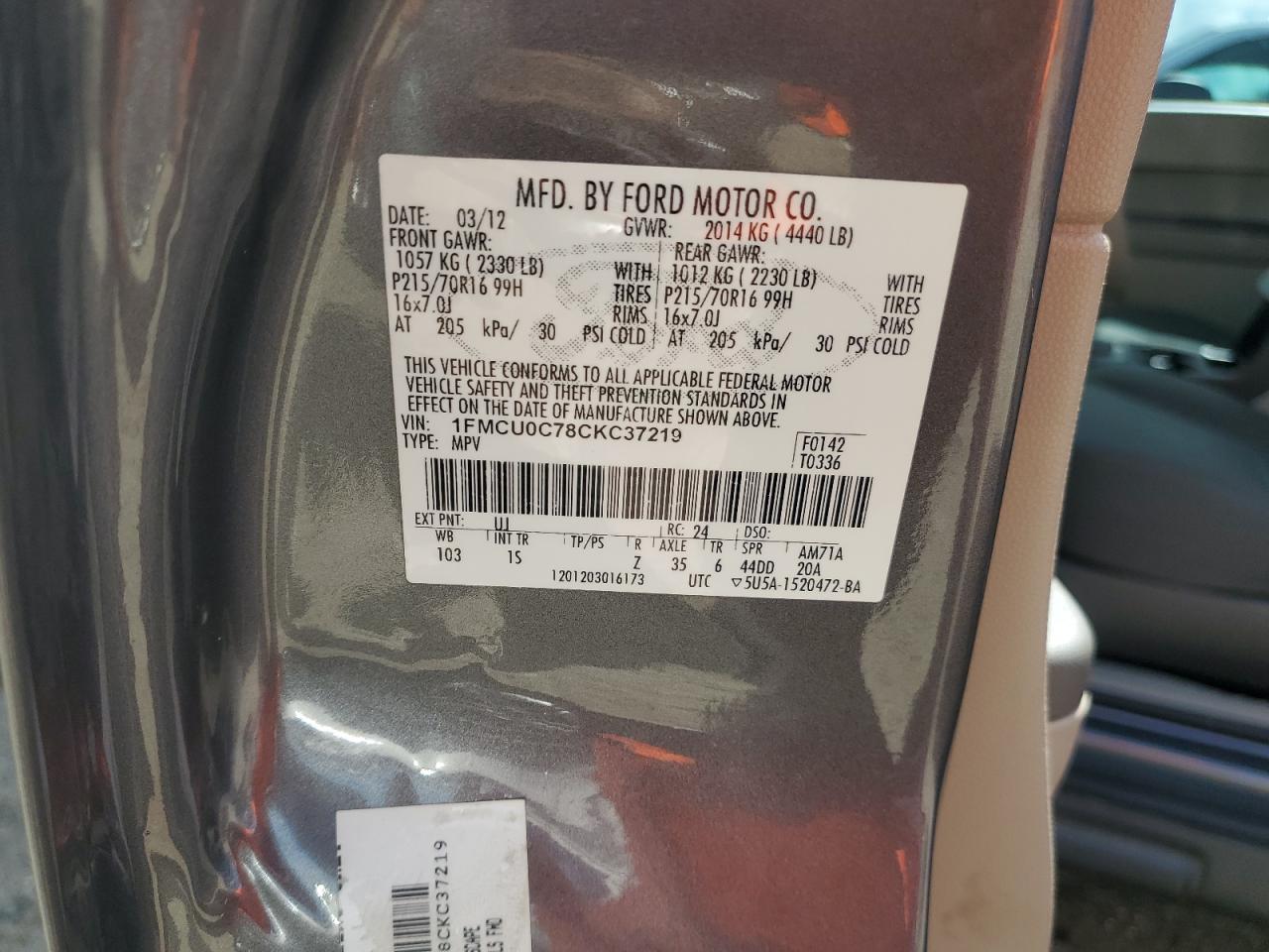 2012 Ford Escape Xls VIN: 1FMCU0C78CKC37219 Lot: 63843404