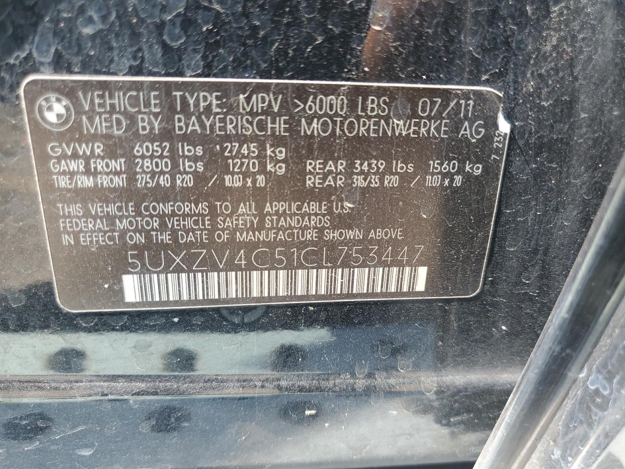 2012 BMW X5 xDrive35I VIN: 5UXZV4C51CL753447 Lot: 63276054