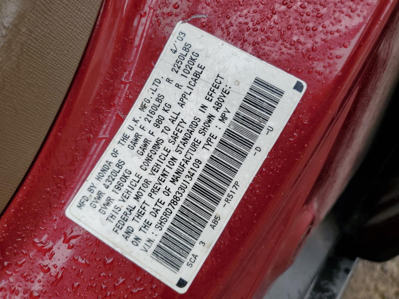 2003 Honda Cr-V Ex VIN: SHSRD78833U134109 Lot: 65211144