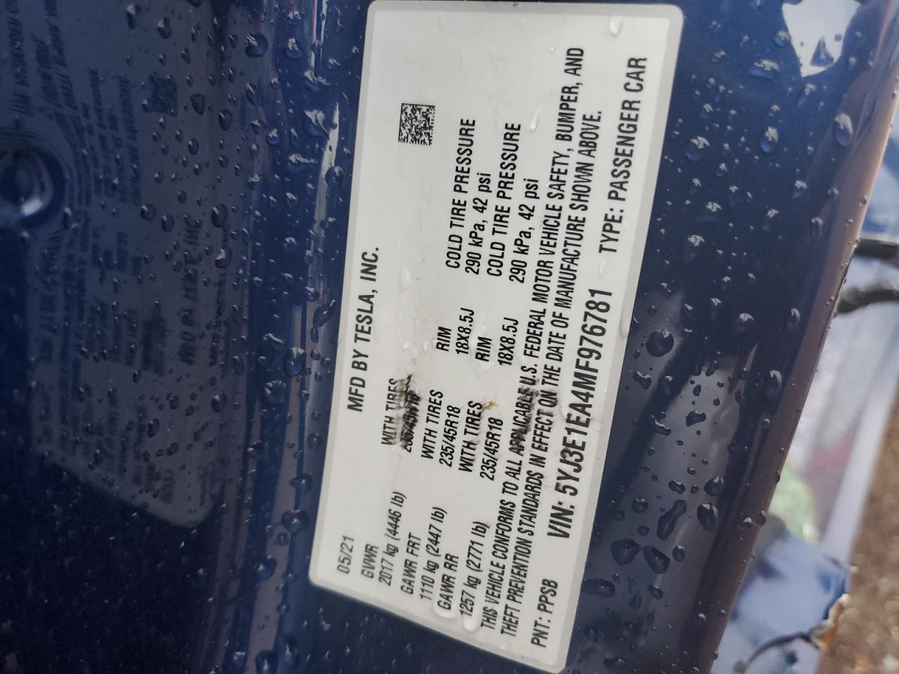 2021 Tesla Model 3 VIN: 5YJ3E1EA4MF976781 Lot: 64112214