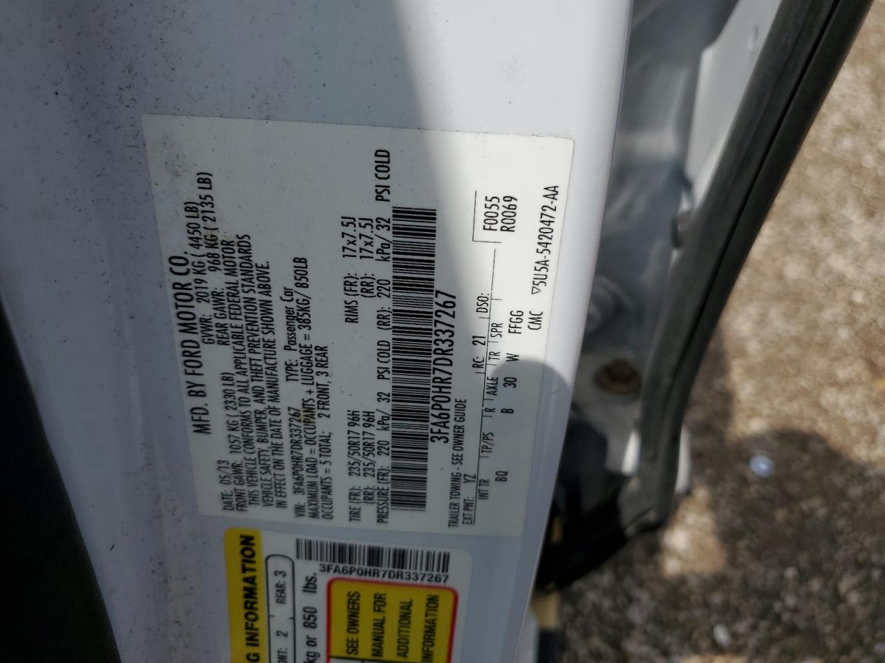 2013 Ford Fusion Se VIN: 3FA6P0HR7DR337267 Lot: 62288074