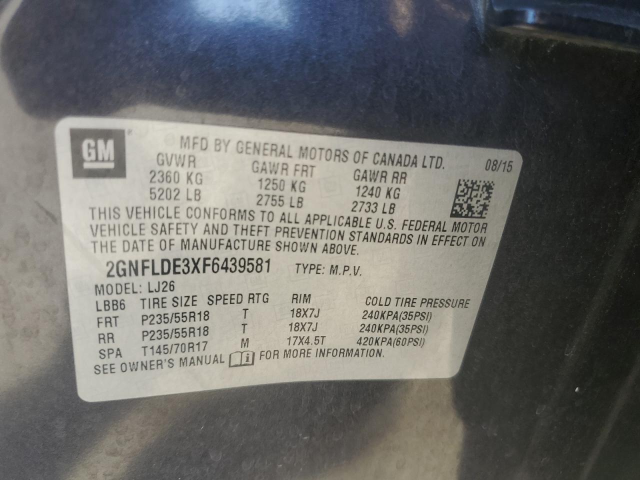 2015 Chevrolet Equinox Ltz VIN: 2GNFLDE3XF6439581 Lot: 64400644