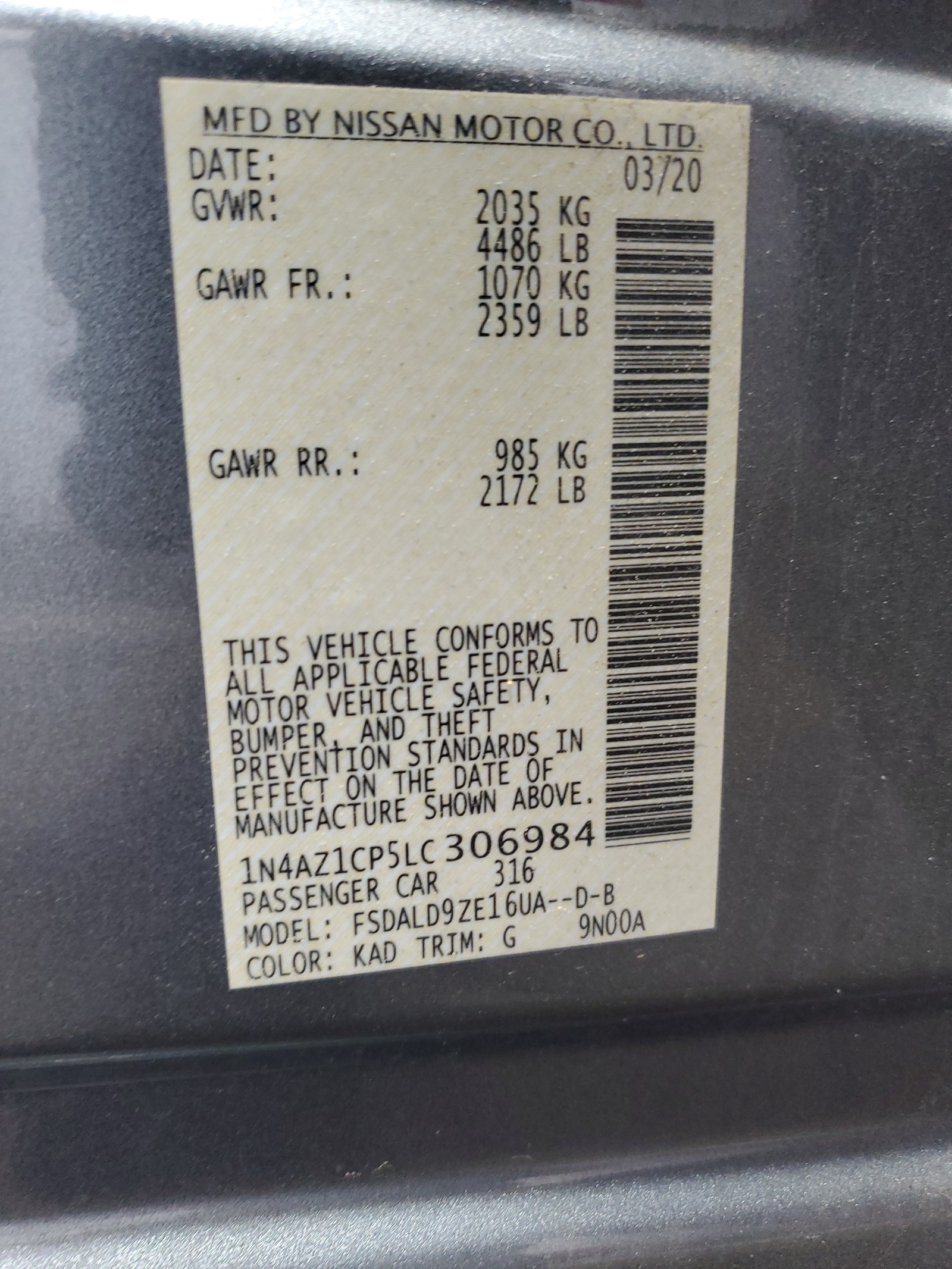 1N4AZ1CP5LC306984 2020 Nissan Leaf Sv