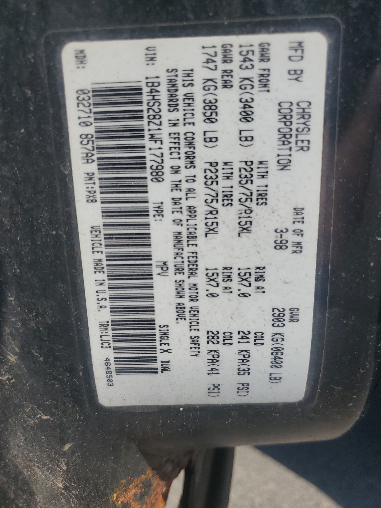 1B4HS28Z1WF177980 1998 Dodge Durango