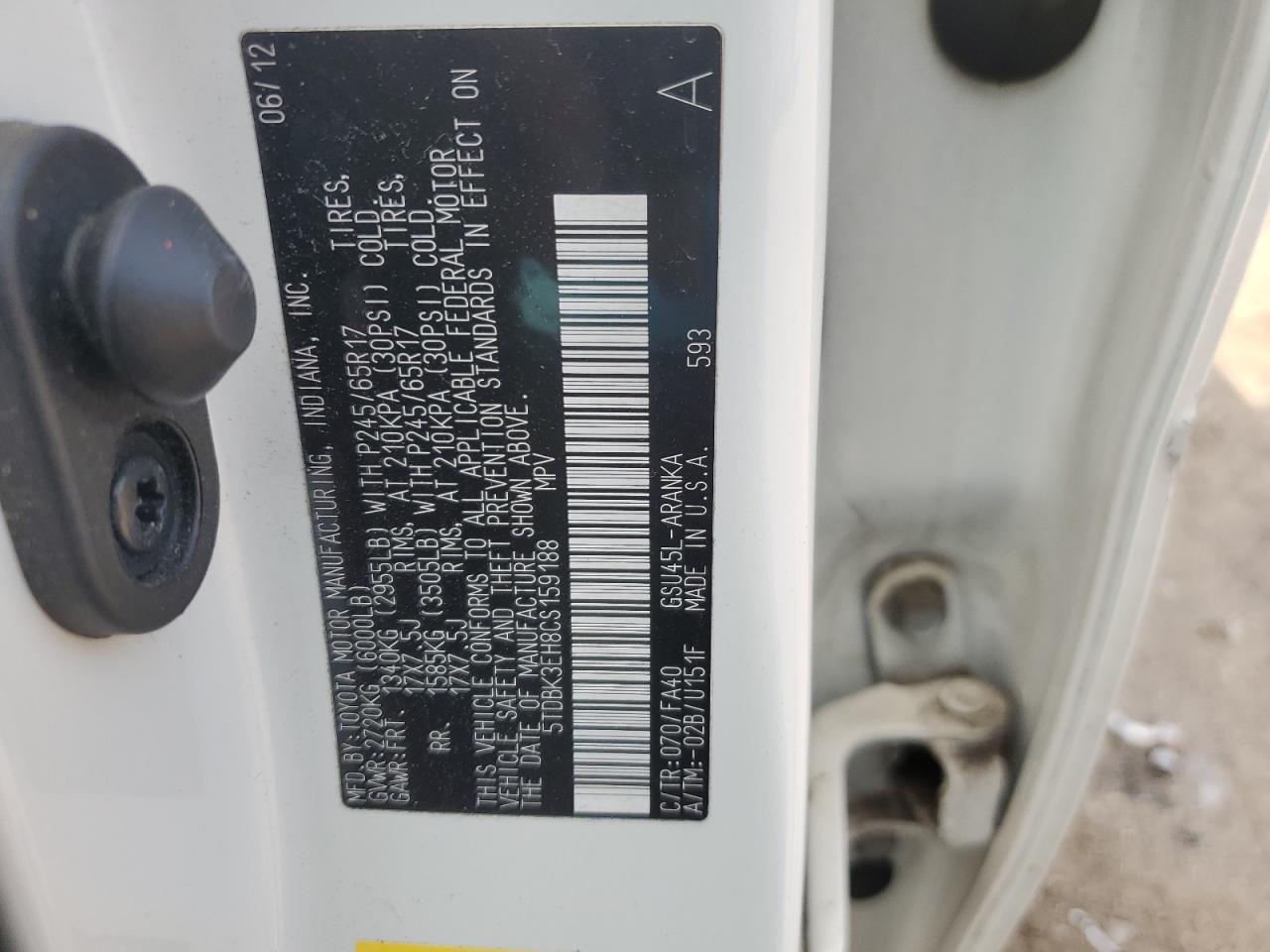 2012 Toyota Highlander Base VIN: 5TDBK3EH8CS159188 Lot: 65127584