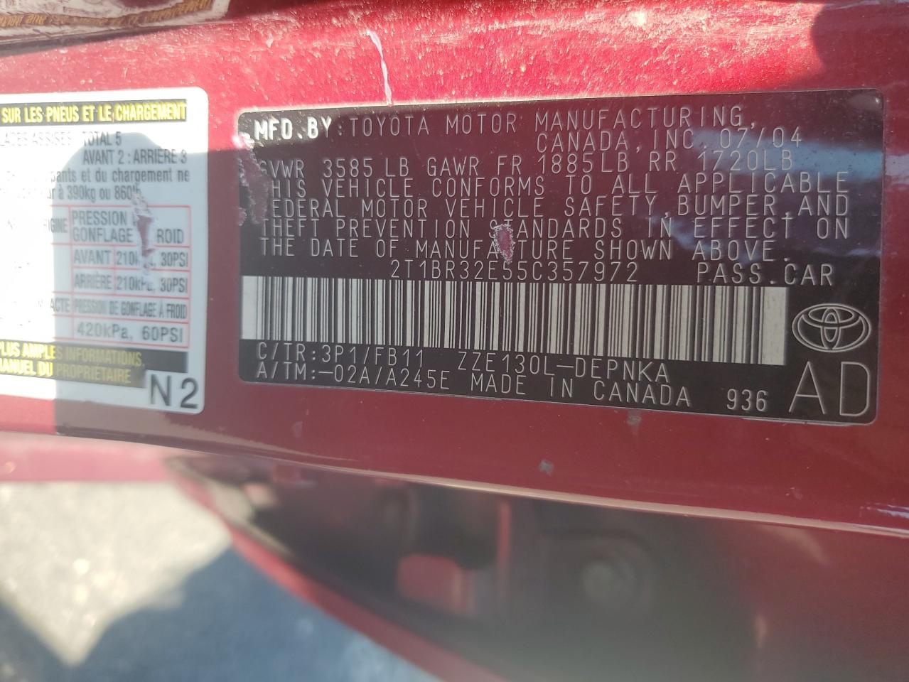 2005 Toyota Corolla Ce VIN: 2T1BR32E55C357972 Lot: 61999044