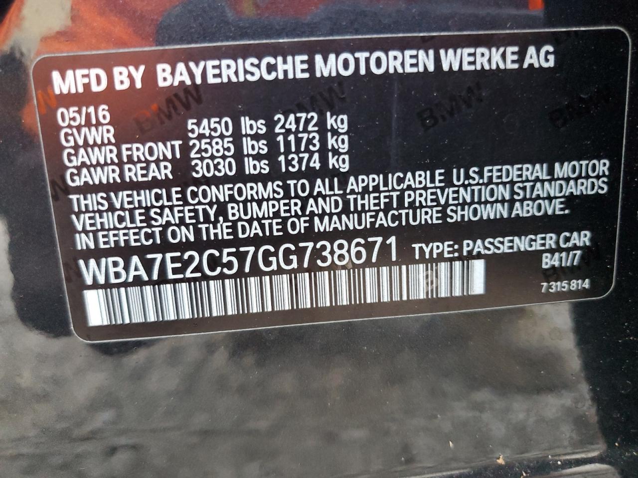 2016 BMW 740 I VIN: WBA7E2C57GG738671 Lot: 63406584