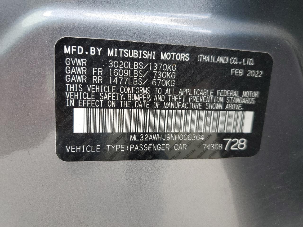 2022 Mitsubishi Mirage Se VIN: ML32AWHJ9NH006364 Lot: 65201304