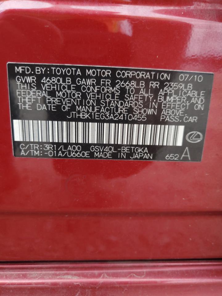 2010 Lexus Es 350 VIN: JTHBK1EG3A2410455 Lot: 64668614