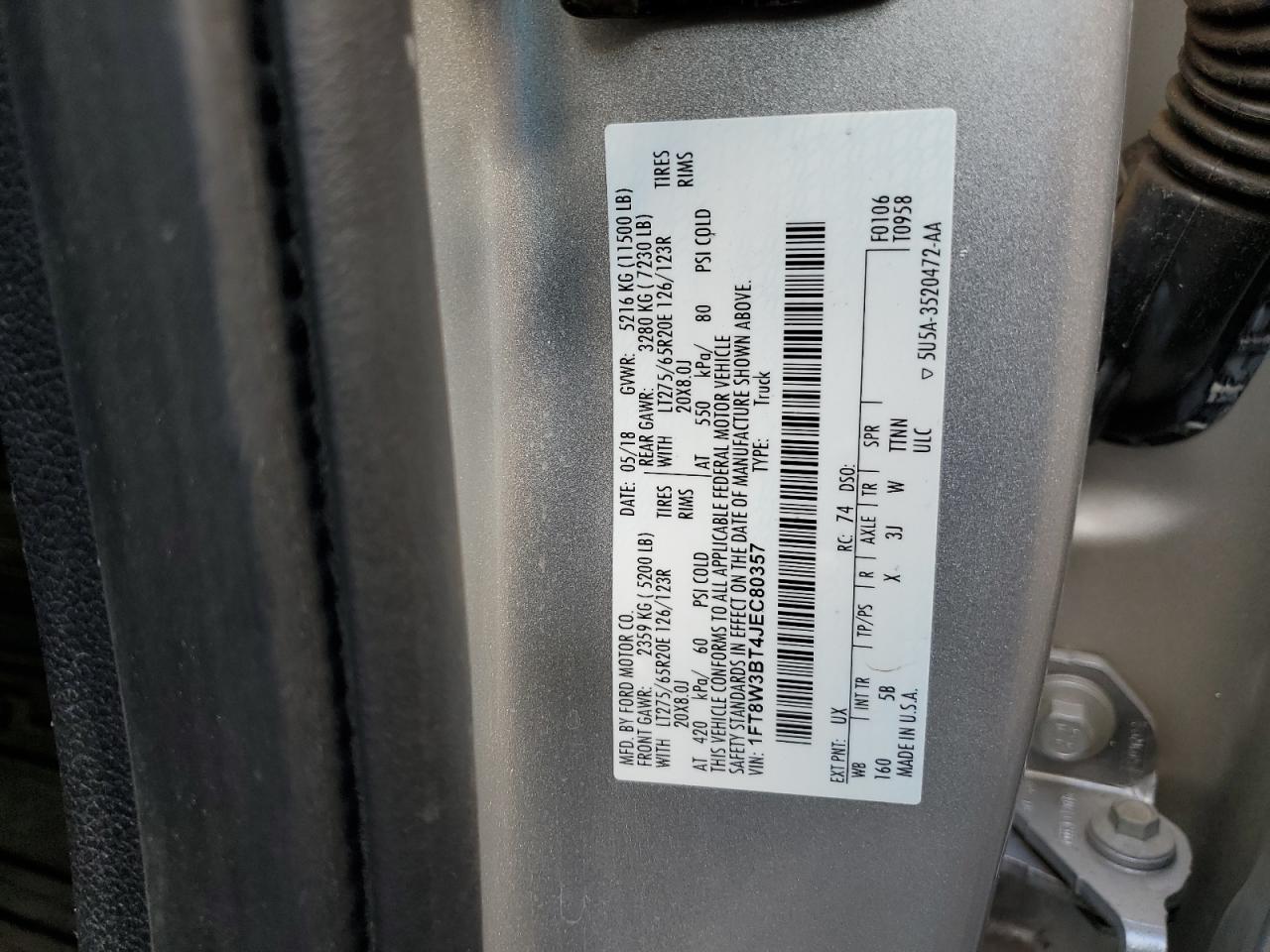 2018 Ford F350 Super Duty VIN: 1FT8W3BT4JEC80357 Lot: 60068234