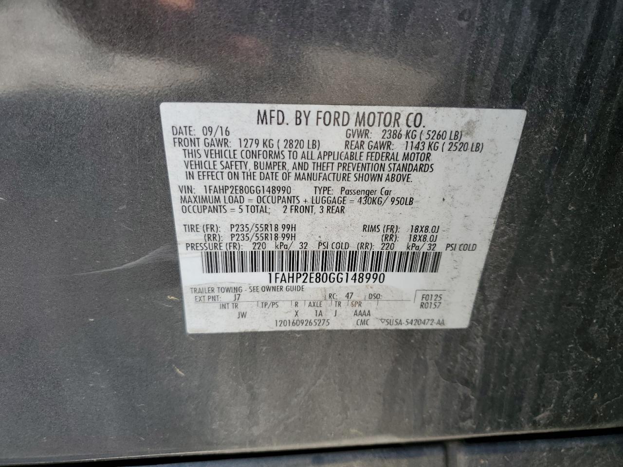 1FAHP2E80GG148990 2016 Ford Taurus Sel