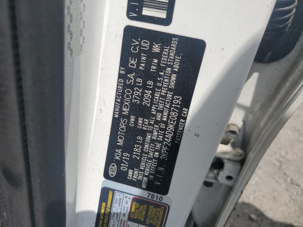 2019 Kia Forte Fe VIN: 3KPF24AD9KE087193 Lot: 62298384