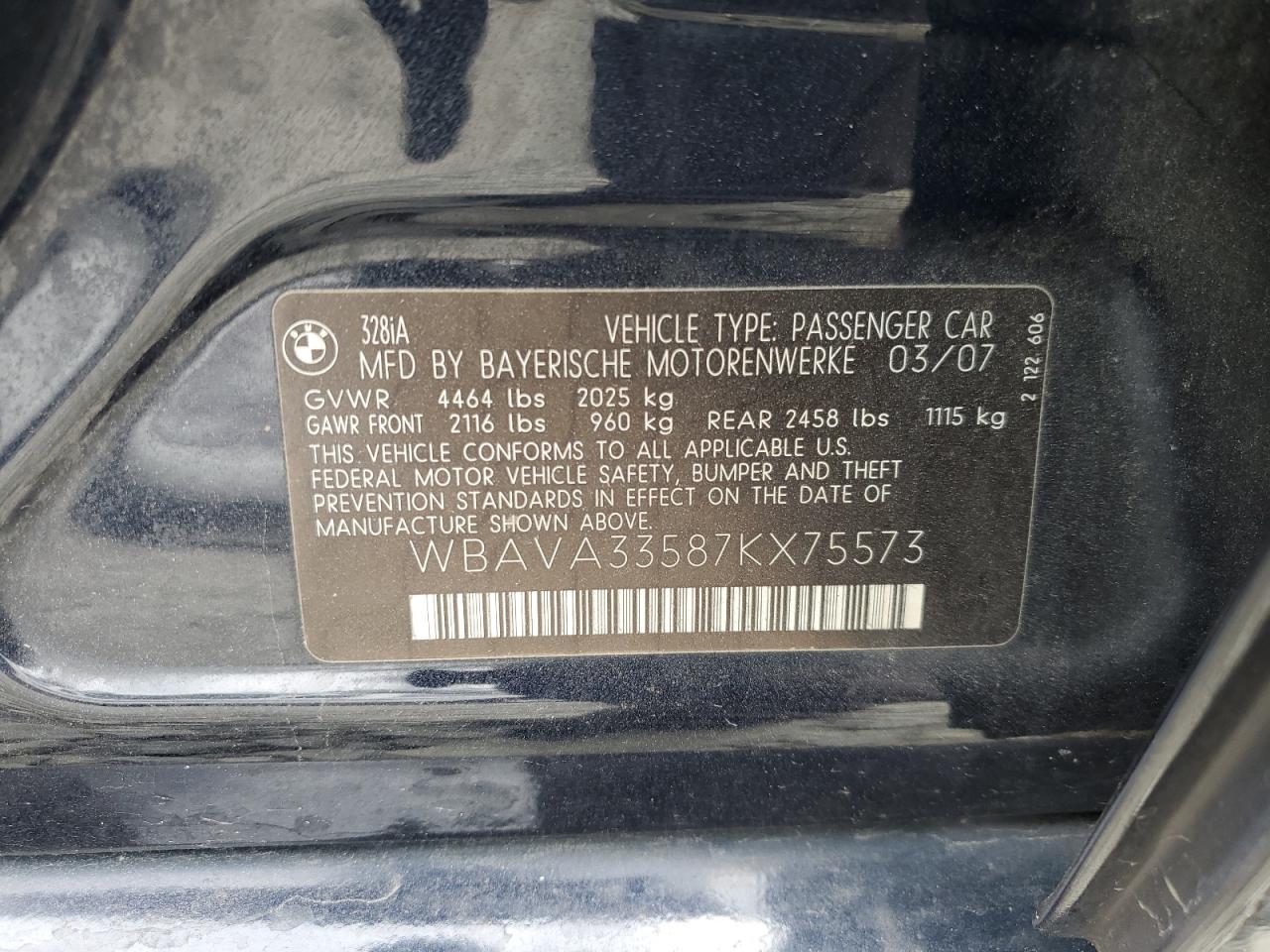 2007 BMW 328 I VIN: WBAVA33587KX75573 Lot: 65342044