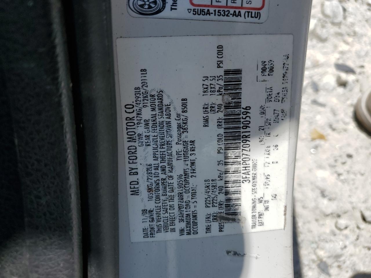 2009 Ford Fusion Se VIN: 3FAHP07Z09R190596 Lot: 63229954