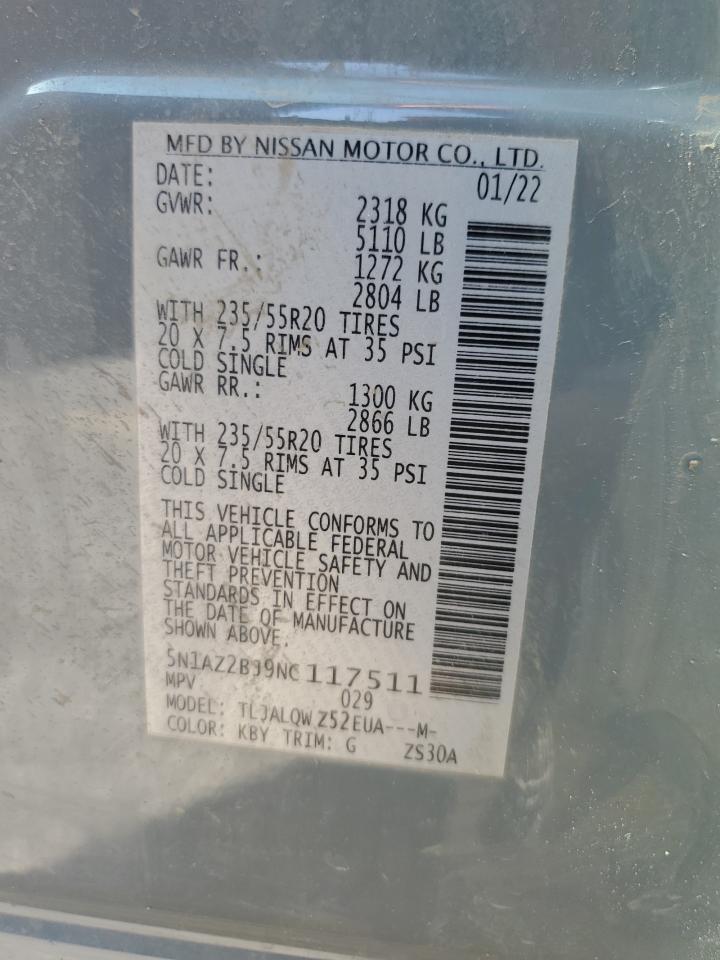 2022 Nissan Murano Sv VIN: 5N1AZ2BJ9NC117511 Lot: 65648354