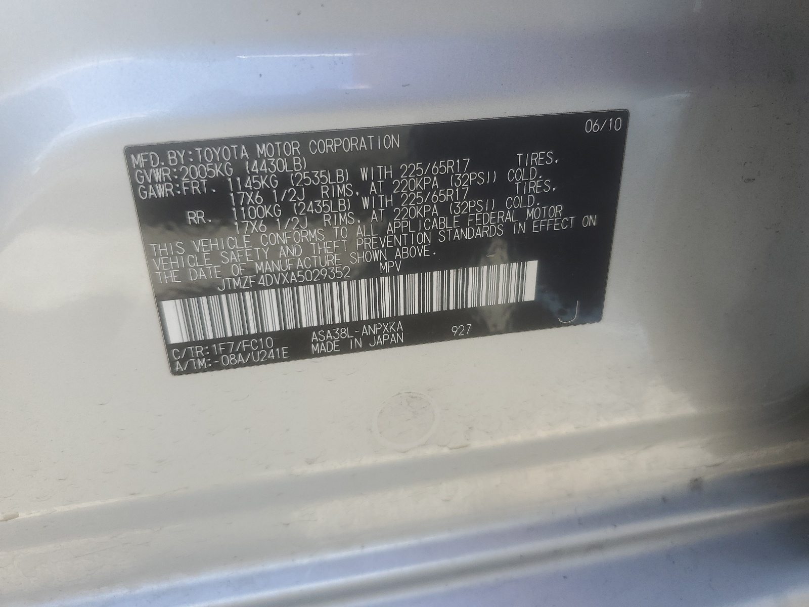 JTMZF4DVXA5029352 2010 Toyota Rav4