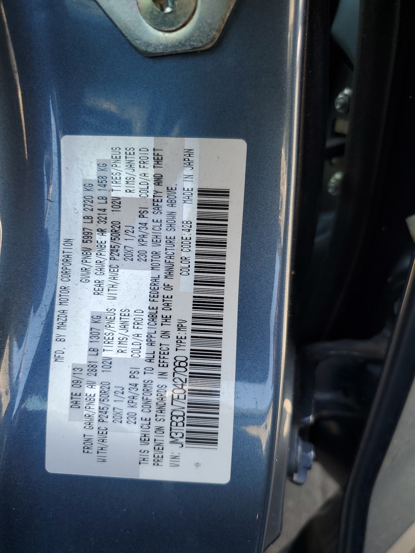JM3TB3DV7E0427060 2014 Mazda Cx-9 Grand Touring