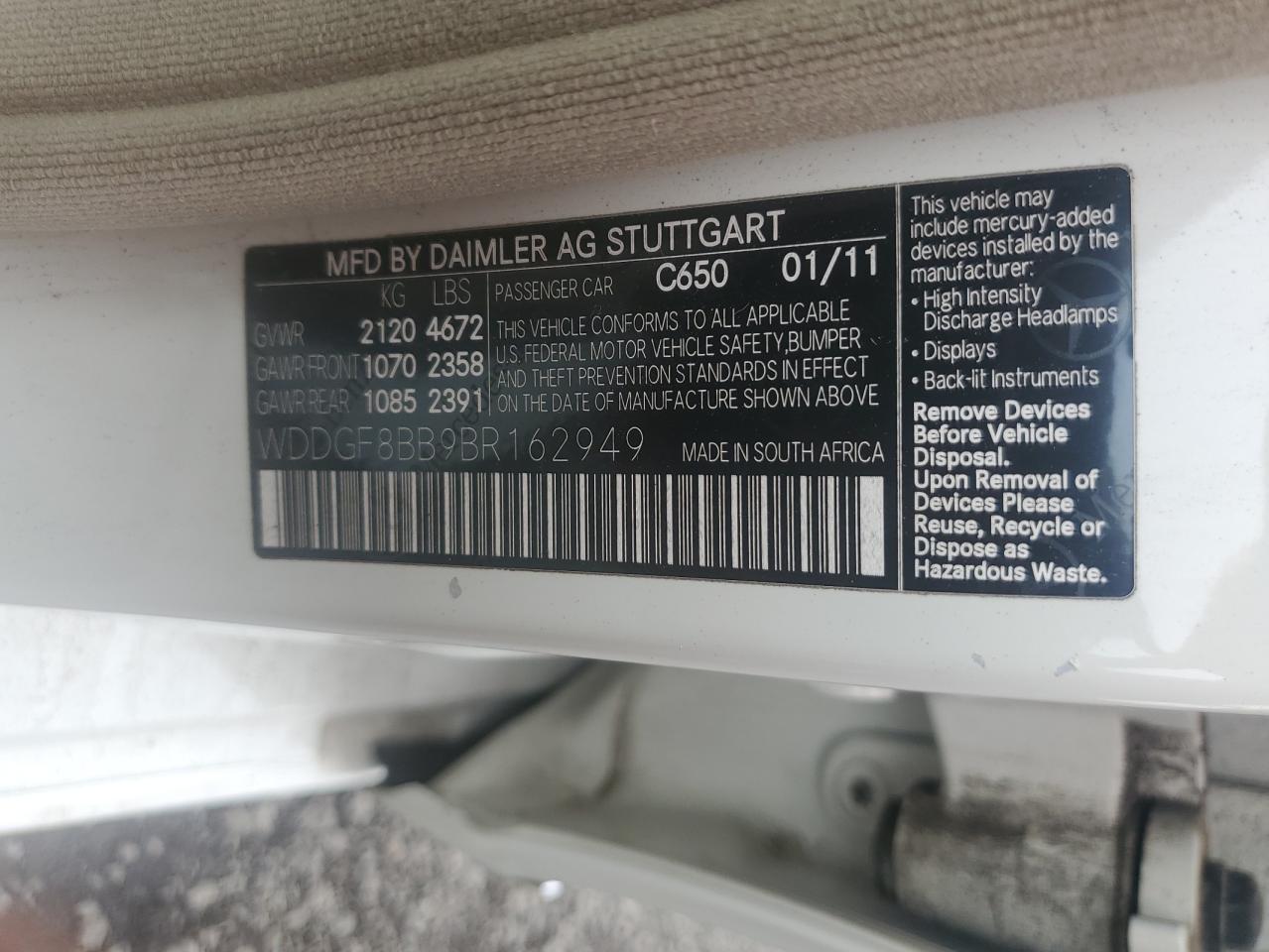 2011 Mercedes-Benz C 300 4Matic VIN: WDDGF8BB9BR162949 Lot: 63330864